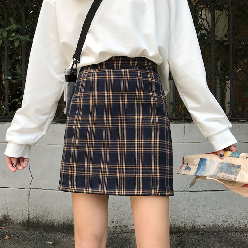 大人気Aライン秋ポリエステルファッション韓国系チェック柄ショート丈スカート