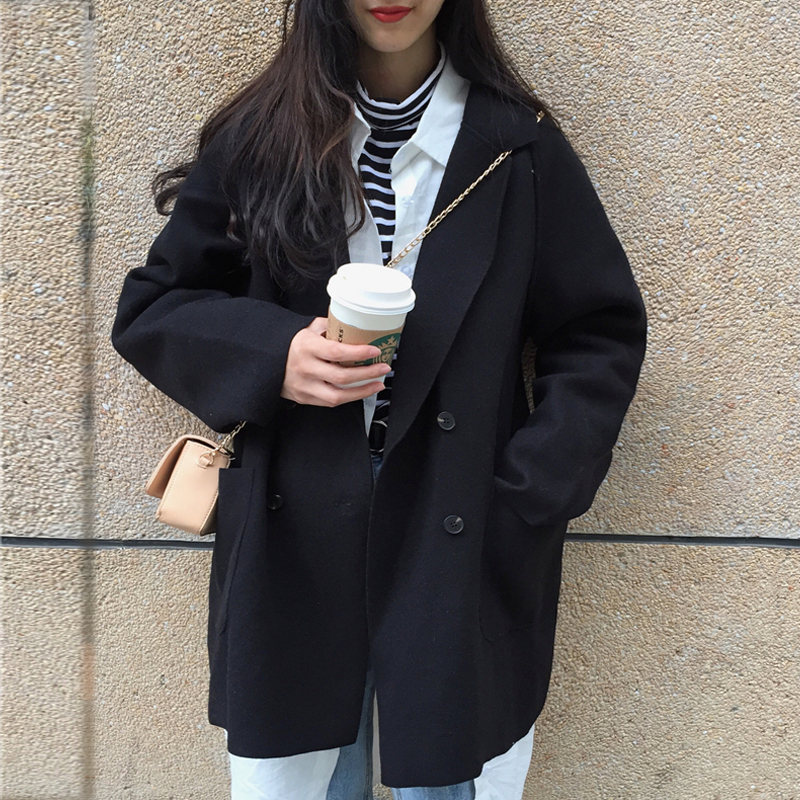 無地ダブルブレストポリエステル長袖ファッション韓国系キャンパス膝上秋冬POLOネック写真通りボタンコート