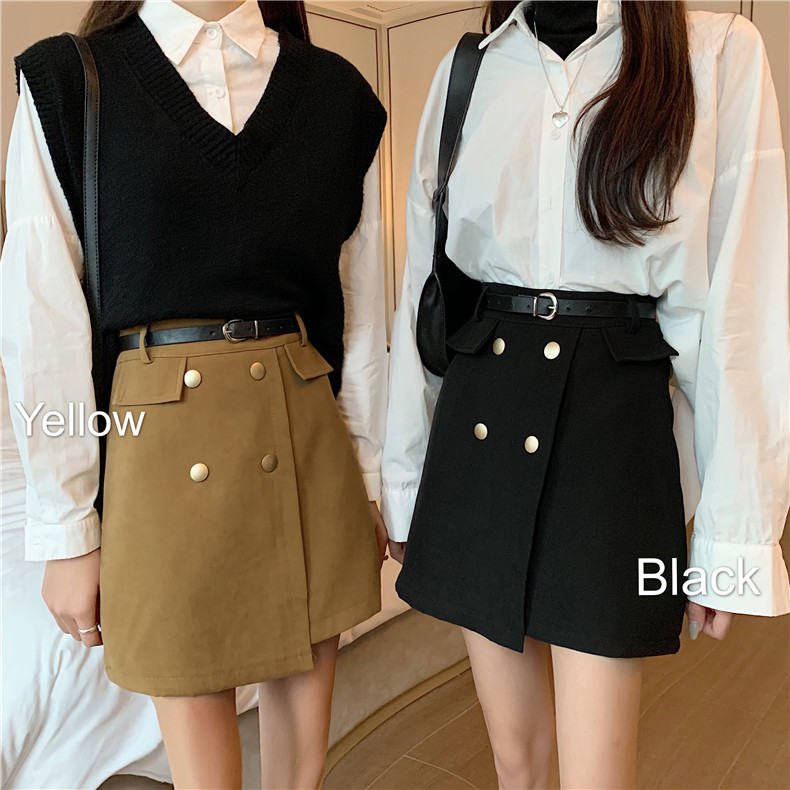 無地ハイウエスト不規則ポリエステルファッション韓国系ショート丈春ベルト付き写真通りボタンスカート