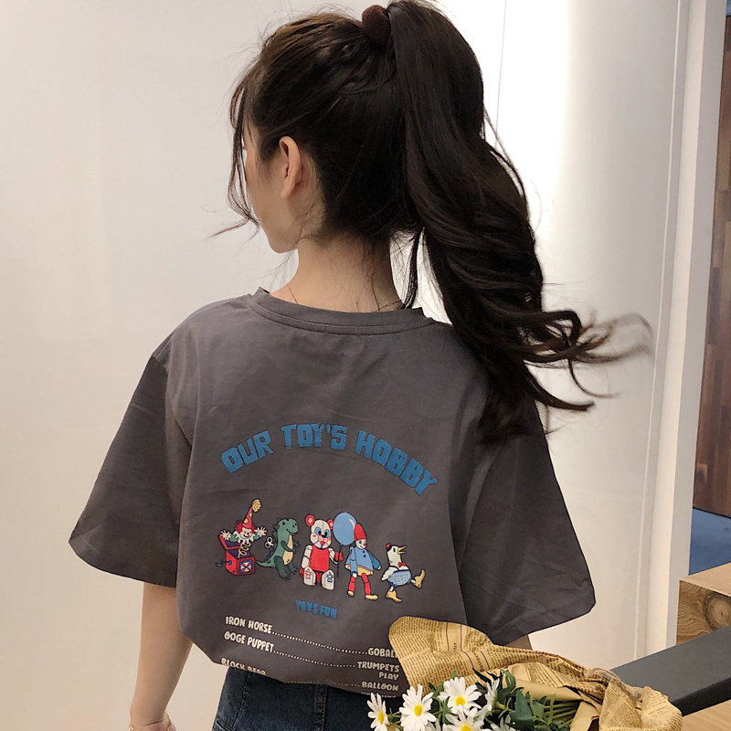 【元気いっぱい】プルオーバー 韓国系 夏 プリント ラウンドネック カートゥーン Tシャツ