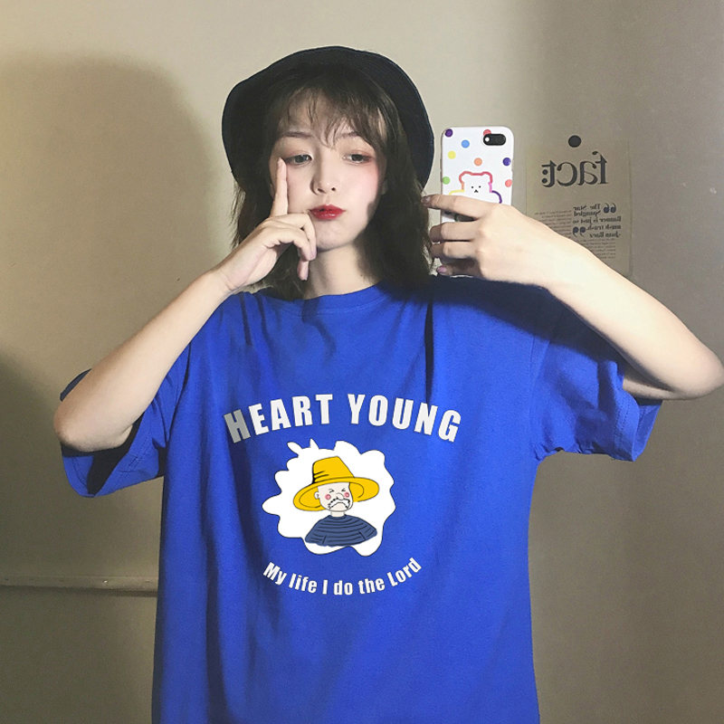 アルファベットプルオーバーポリエステル半袖韓国系夏プリントラウンドネックオレンジピンクブルーTシャツ
