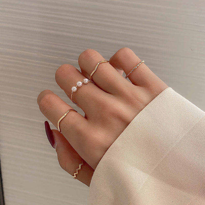 韓国スタイル～スウィート シンプル サークル 不規則形 パールビーズ 幾何模様 アクセサリー 指輪