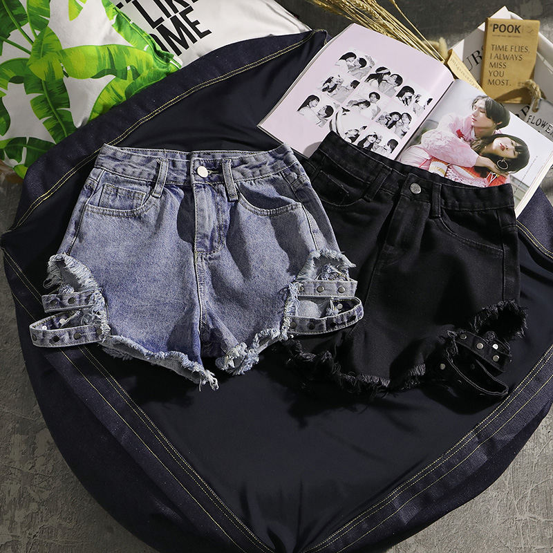 [夏服通販]無地ショート丈（3分4分丈）ハイウエストデニムファッションダメージ加工夏ブラックブルーショートパンツ
