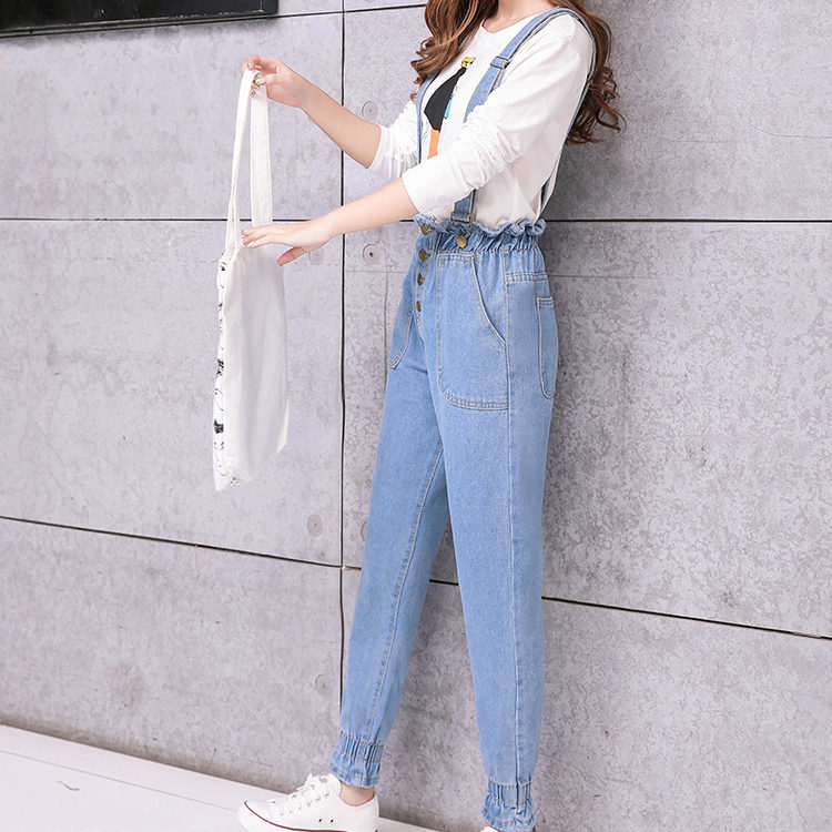 人気ズボン無地デニムファッション韓国系カワイイ切り替えライトブルーオールインワン・サロペット