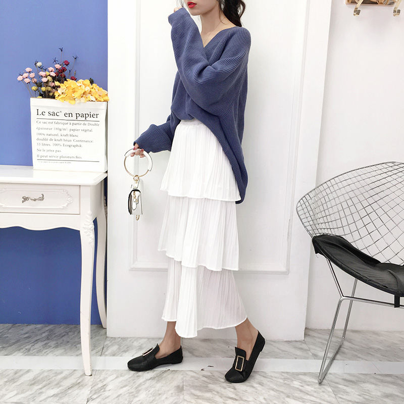 [夏服通販]無地ハイウエストAラインポリエステルファッションすね丈夏切り替えホワイトブラックスカート