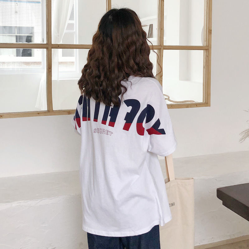 [夏服通販]アルファベットプルオーバーポリエステル半袖カジュアル夏ラウンドネックホワイトTシャツ