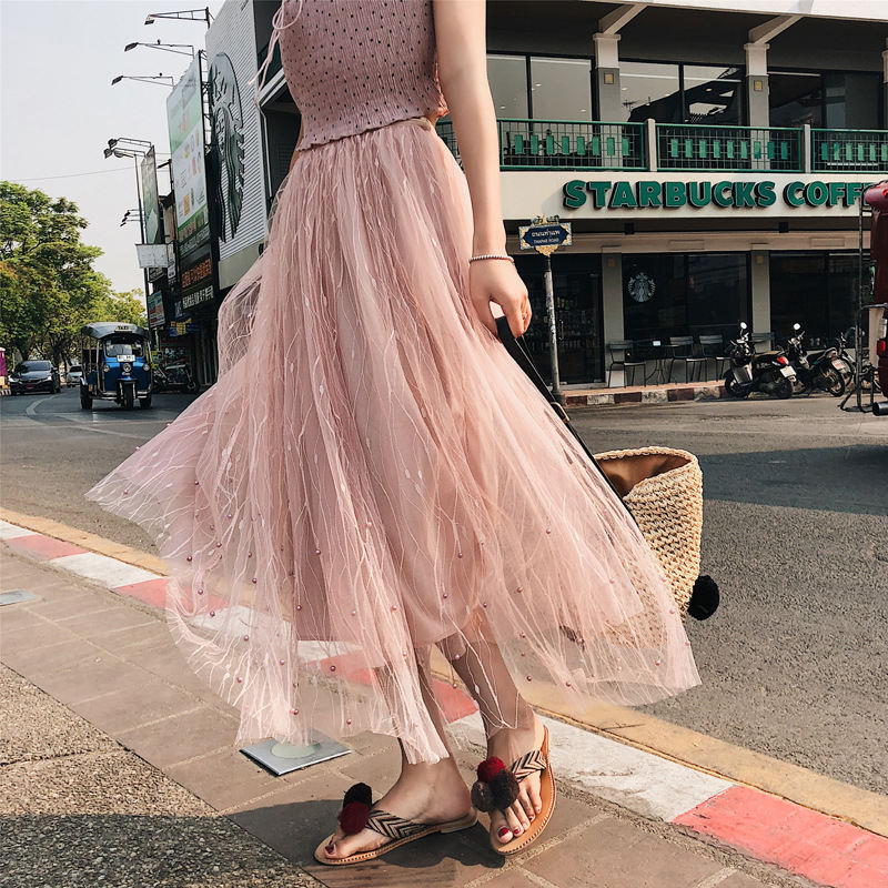 [夏服通販]無地ハイウエストAラインポリエステルファッションロング夏透かし彫りスカート