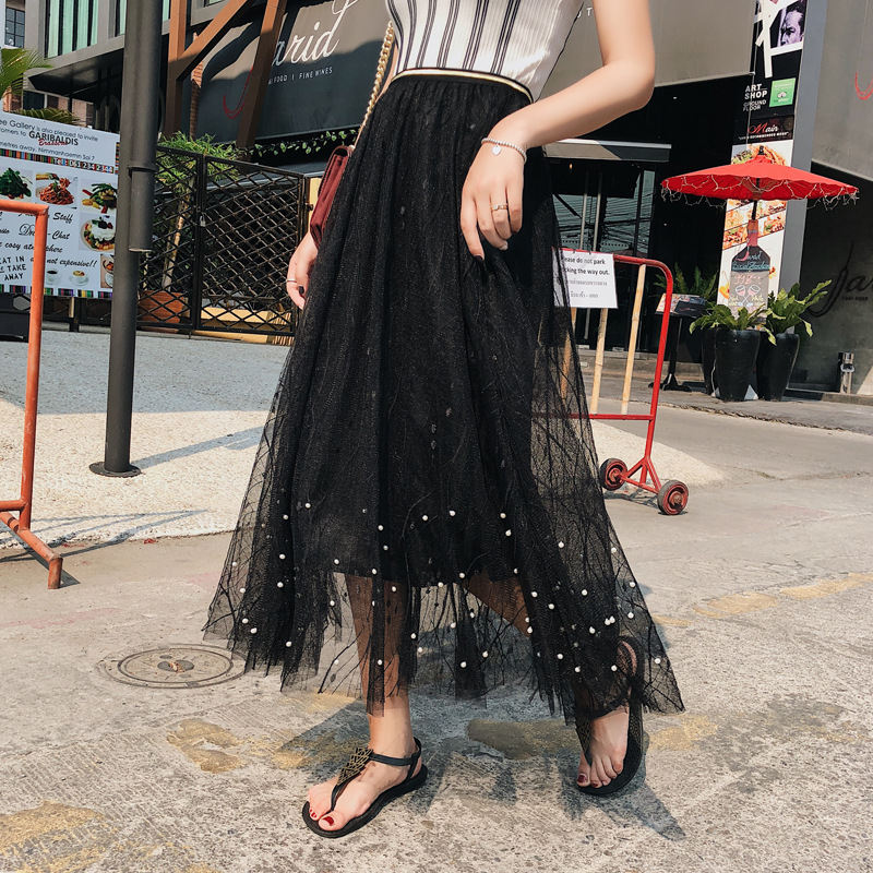 [夏服通販]無地ハイウエストAラインポリエステルファッションロング夏透かし彫りスカート