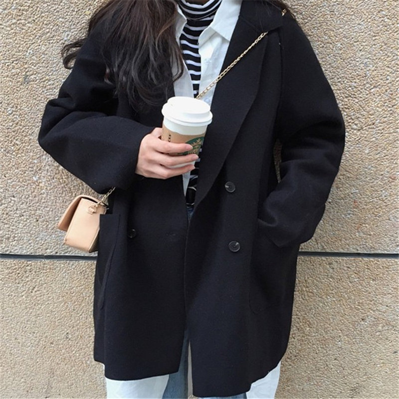 無地ダブルブレストポリエステル長袖ファッション韓国系キャンパス膝上秋冬POLOネック写真通りボタンコート