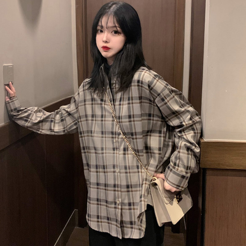チェック柄シングルブレスト長袖シンプルカジュアル韓国系春POLOネック写真通りシャツ・ブラウス