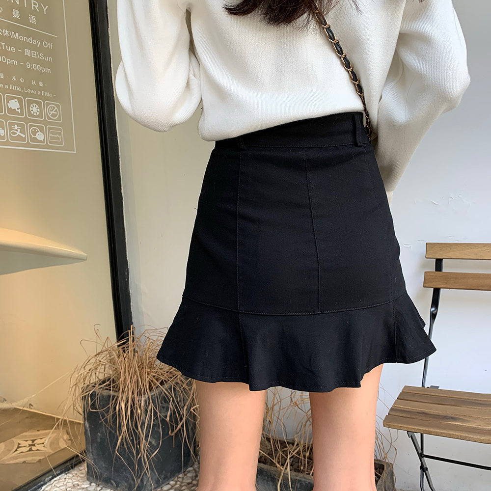 無地ハイウエストAラインフィッシュテール春秋ファッションセクシー韓国系ショート丈春ホワイトブラックスカート