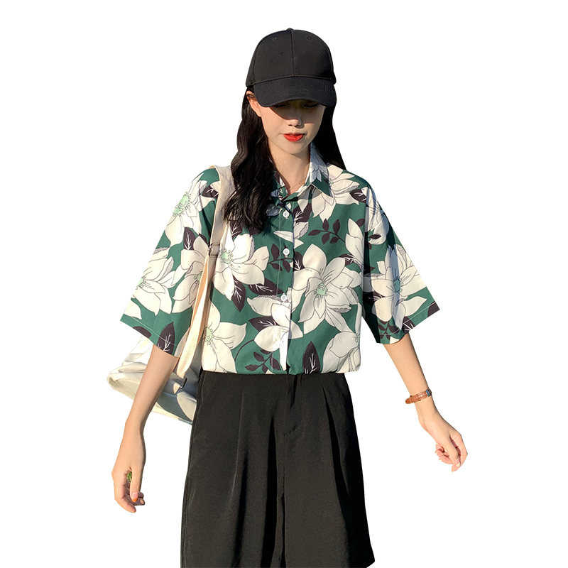 プリントボタン半袖ファッションカジュアル夏プリント折襟写真通り総柄シャツ・ブラウス