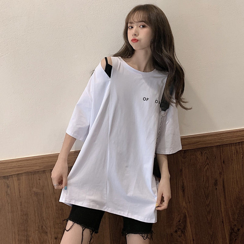 アルファベットプルオーバーポリエステル半袖韓国系夏プリントラウンドネックパープルホワイトTシャツ