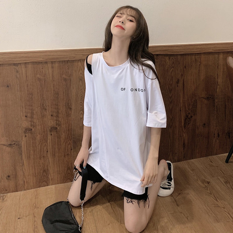アルファベットプルオーバーポリエステル半袖韓国系夏プリントラウンドネックパープルホワイトTシャツ
