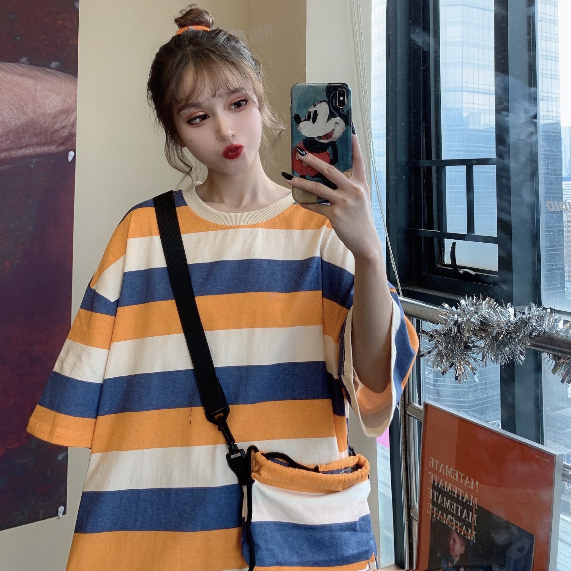 ストライプ柄プルオーバーポリエステル半袖韓国系夏ラウンドネック写真通りTシャツ