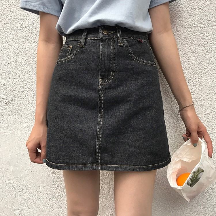 [夏服通販]無地ハイウエストAラインデニムファッション膝上夏切り替えブルースカート