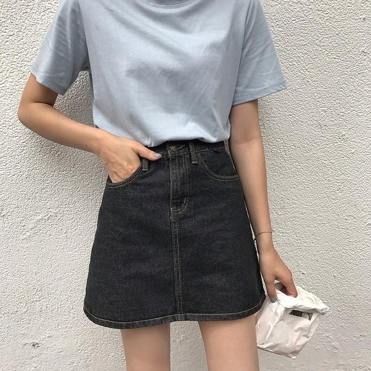 [夏服通販]無地ハイウエストAラインデニムファッション膝上夏切り替えブルースカート