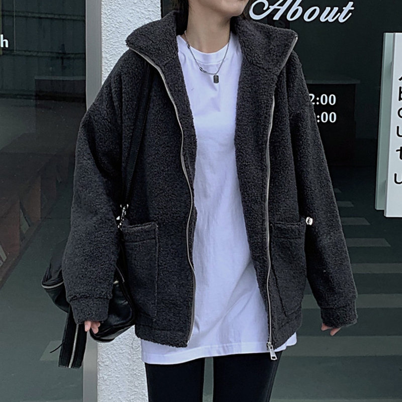 無地ジッパー秋冬長袖シンプルファッション韓国系ハイネックラムウールジャケット