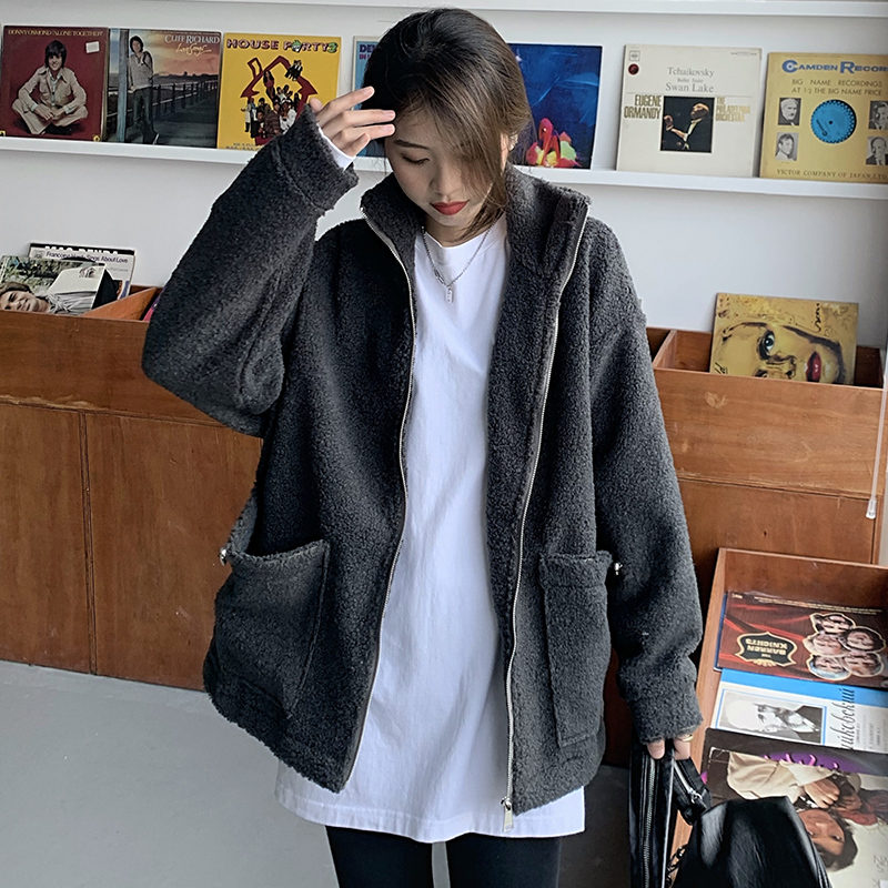 無地ジッパー秋冬長袖シンプルファッション韓国系ハイネックラムウールジャケット