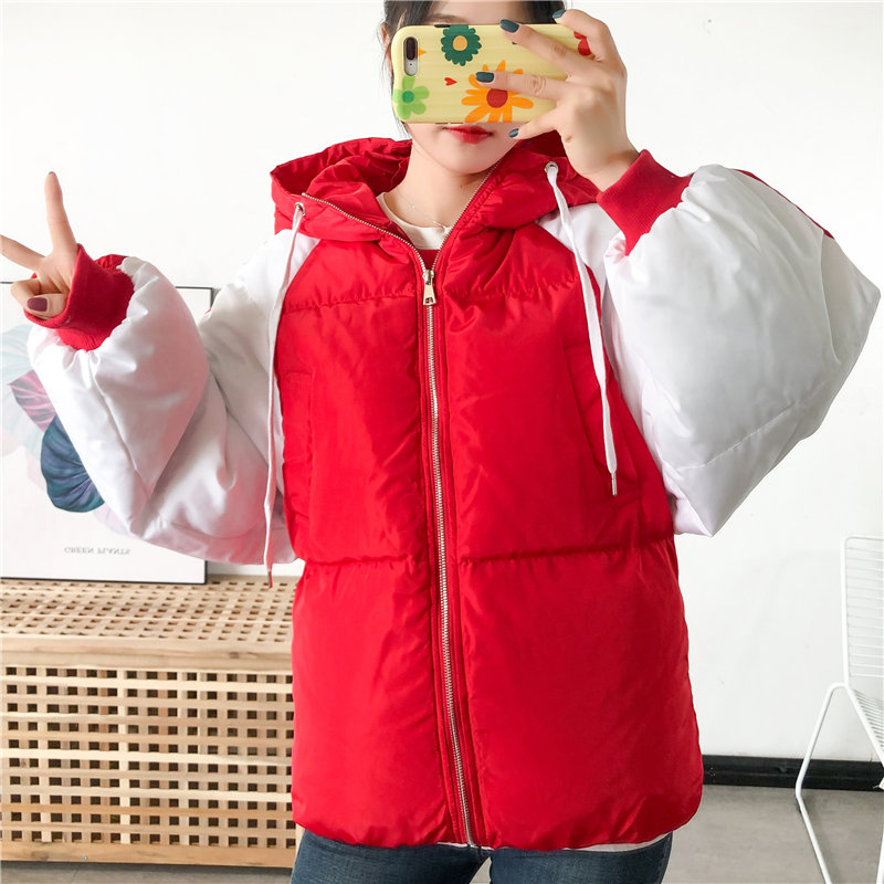 無地ジッパー長袖シンプル韓国系冬フード付きカーキブラックレッドダウンジャケット・綿コート