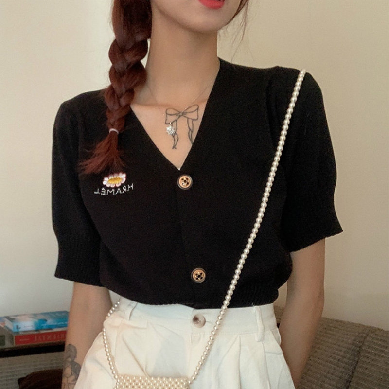 配色ボタンポリエステル半袖シンプル夏刺繍Vネック写真通りホワイトブラックTシャツ