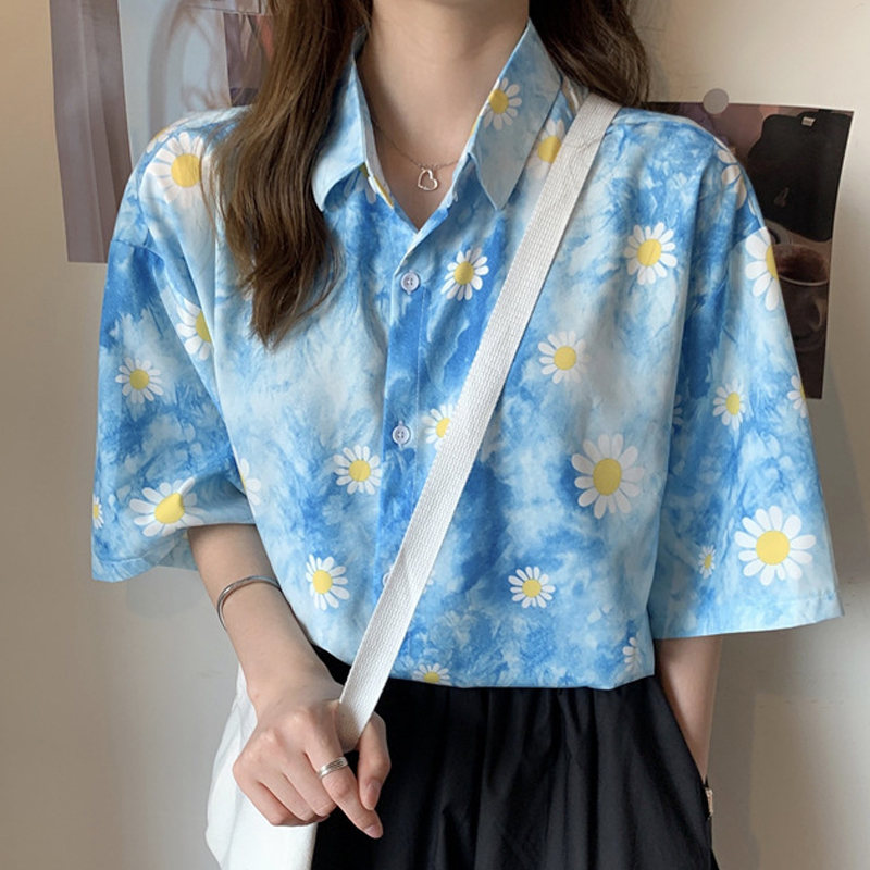 小柄ボタンポリエステル半袖ファッション韓国系プリント春夏折襟グレーブラックブルーグラデーション色シャツ・ブラウス