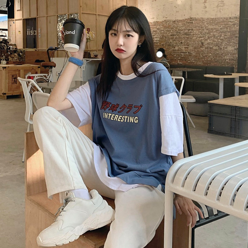 アルファベットプルオーバーポリエステル半袖韓国系夏プリントラウンドネックピンクグリーンブルーTシャツ