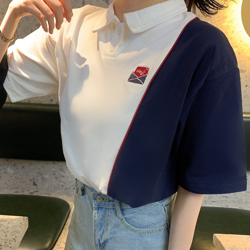 配色プルオーバーポリエステル半袖韓国系夏切り替えPOLOネックピンクホワイトTシャツ