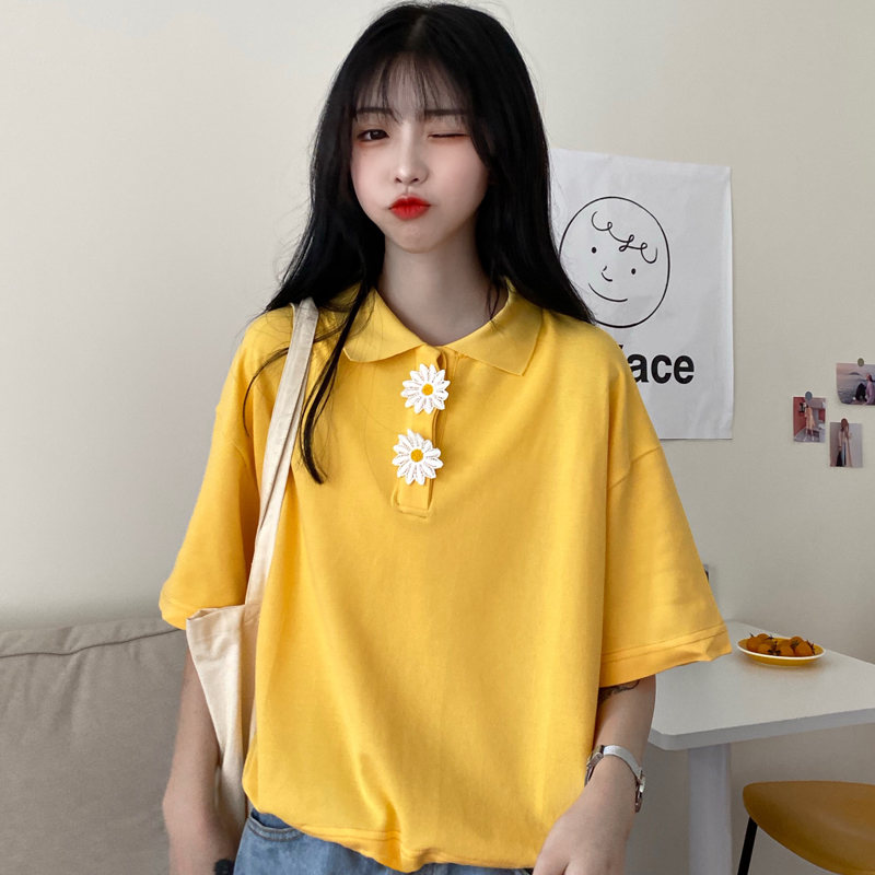 アルファベットプルオーバーポリエステル半袖韓国系夏プリントPOLOネックイエローブラックTシャツ