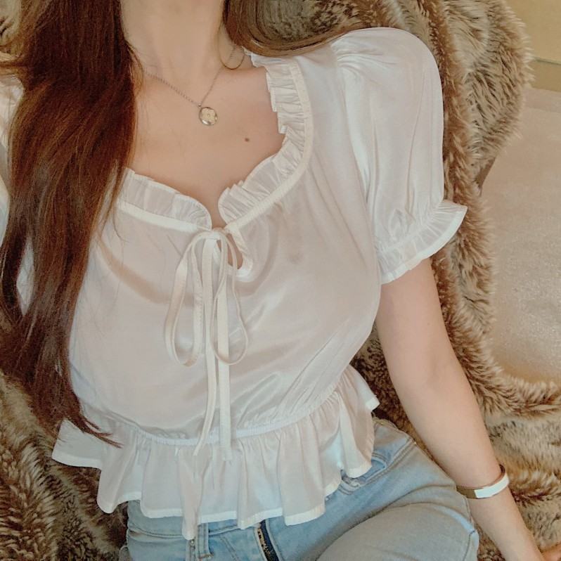 無地プルオーバーポリエステル半袖韓国系フリルスリーブ膝上夏ホワイトTシャツ