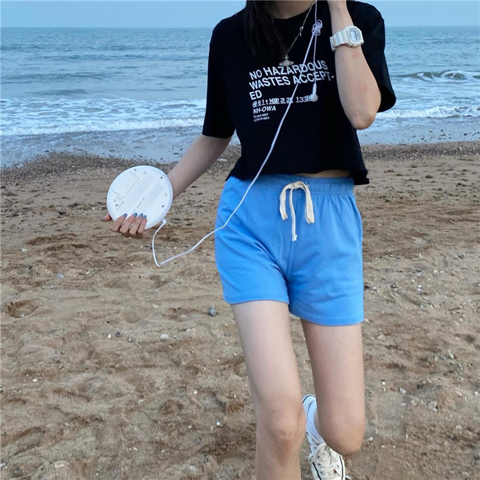 アルファベットプルオーバーコットン半袖ファッションショート丈夏プリントラウンドネックブラックTシャツ
