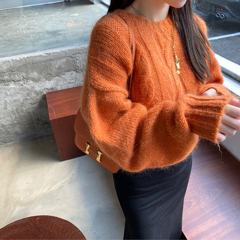 無地 プルオーバー 秋冬 長袖 ファッション 切り替え ラウンドネック ベージュ 赤 オレンジセーター・カットソー