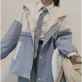 長袖 配色 シンプル ジッパー 切り替え 一般 学園風 フード付き 一般ジャケット