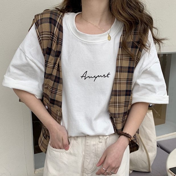 【4色展開 快適】アルファベット シンプル カジュアル 韓国系 ロング ラウンドネック Tシャツ