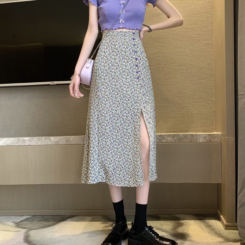 小柄ハイウエストAラインシンプルファッションカジュアルスウィート韓国系すね丈夏スリットギャザー飾りボタンスカート