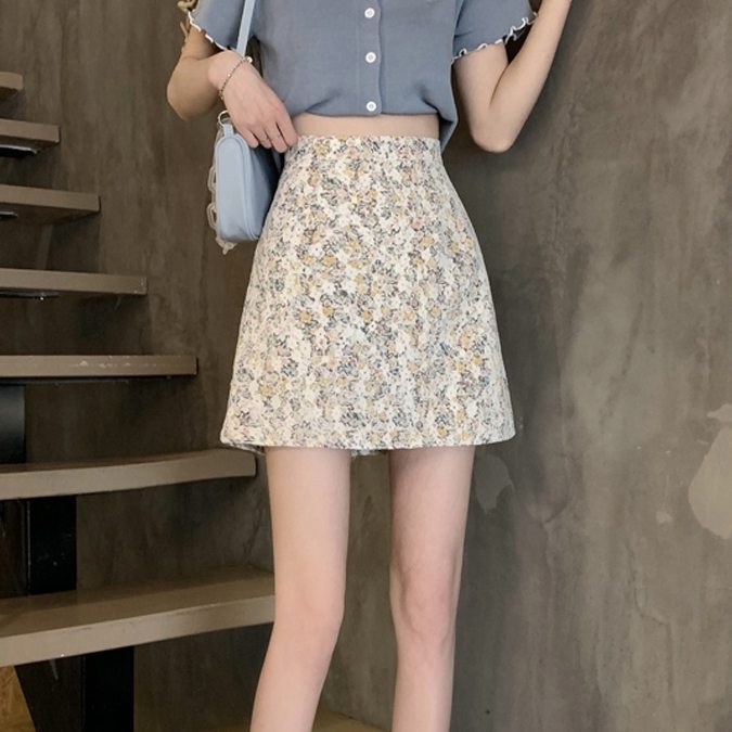 配色小柄ハイウエストAラインノースリーブシンプル韓国系ショート丈ノースリーブスカート