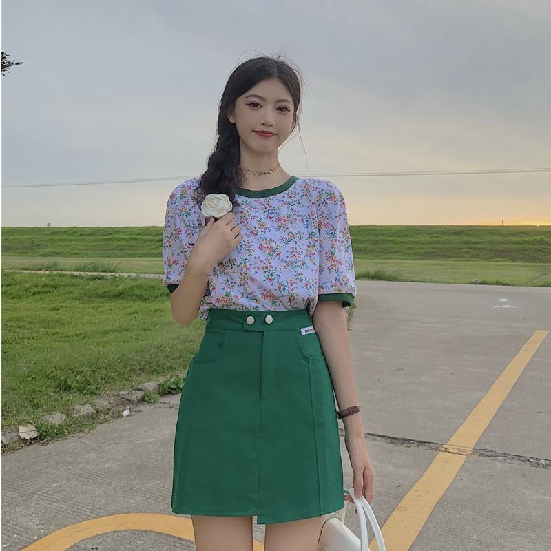 無地ハイウエストAラインシンプル韓国系ショート丈春夏ホワイトグリーンブラックスカート