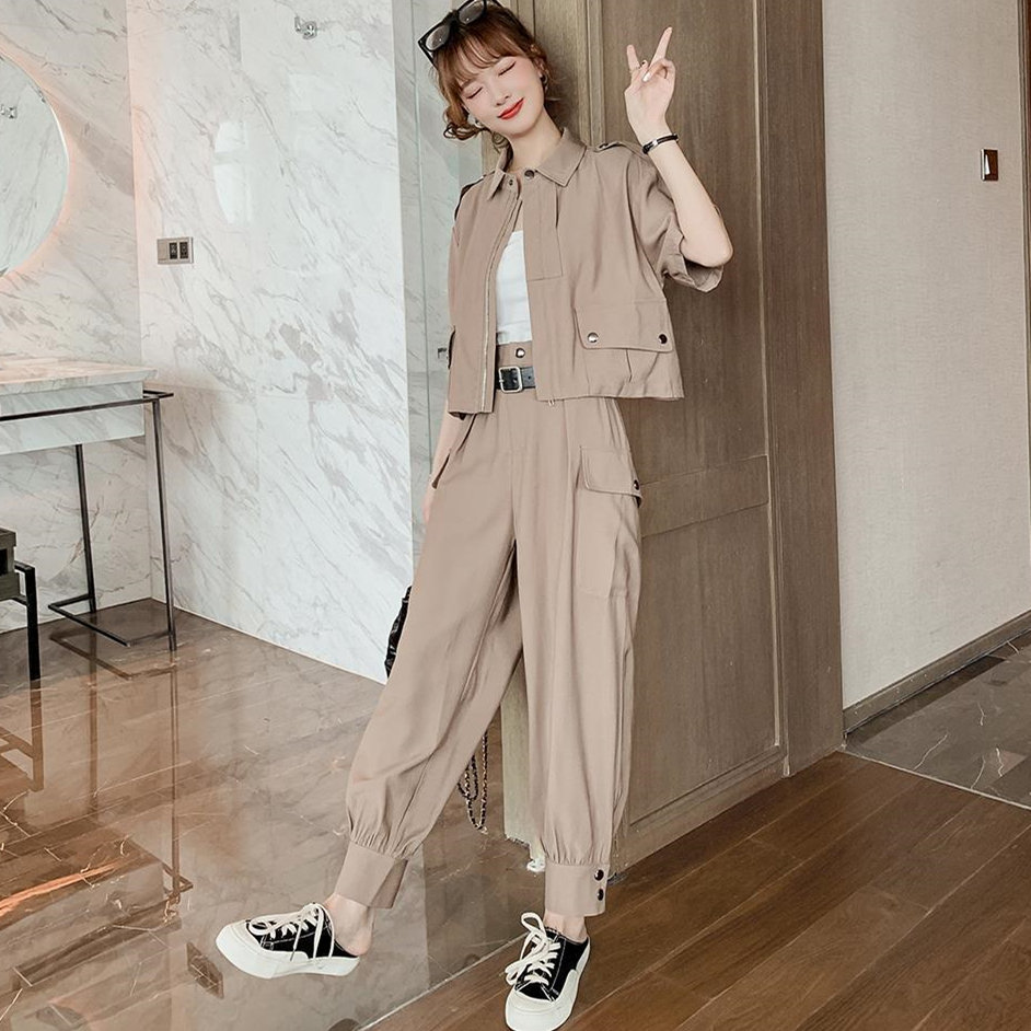韓国ファッションショート丈セットアップ ジャケット パンツショート丈ジャケットポケットハーレムパンツきちんとした襟と大きなポケットがマ