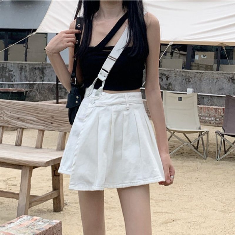 無地ハイウエスト夏韓国系ショート丈切り替えファッションデニムホワイトAラインスカート