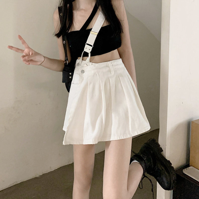 無地ハイウエスト夏韓国系ショート丈切り替えファッションデニムホワイトAラインスカート