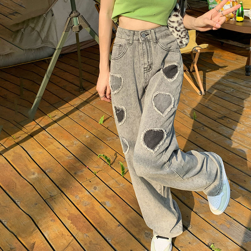 夏春ハイウエスト配色写真通り切り替え韓国系レギュラー丈ファッションデニムデニムパンツ