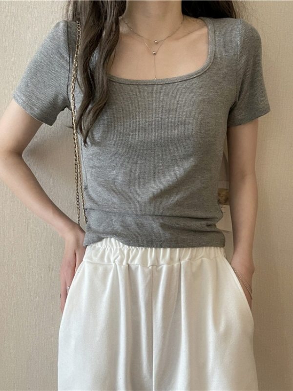 シンプル半袖スクエアネック無地夏韓国系ファッションプルオーバーTシャツ