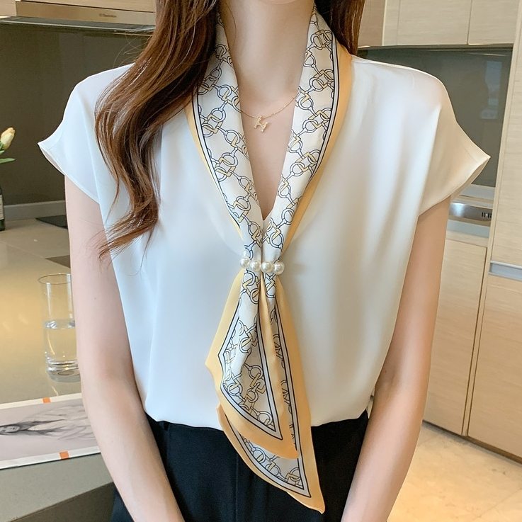 真珠配色シンプルファッション半袖夏プルオーバーVネックシャツ・ブラウス