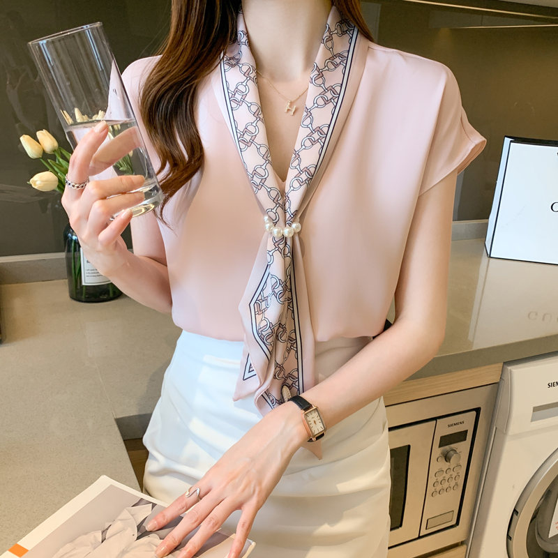 真珠配色シンプルファッション半袖夏プルオーバーVネックシャツ・ブラウス