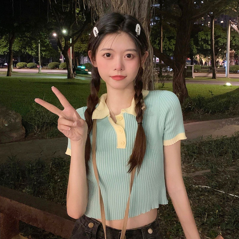グリーンボタン韓国系ピンクショート丈半袖配色ニット夏POLOネックプルオーバーポリエステルファッションTシャツ