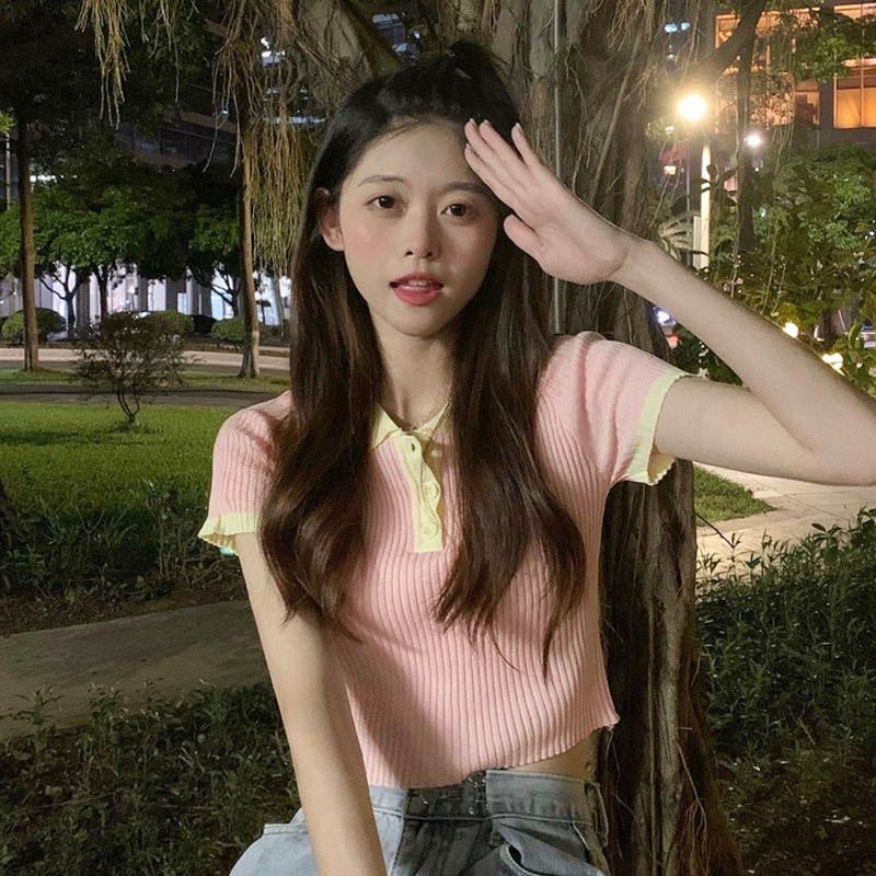 グリーンボタン韓国系ピンクショート丈半袖配色ニット夏POLOネックプルオーバーポリエステルファッションTシャツ