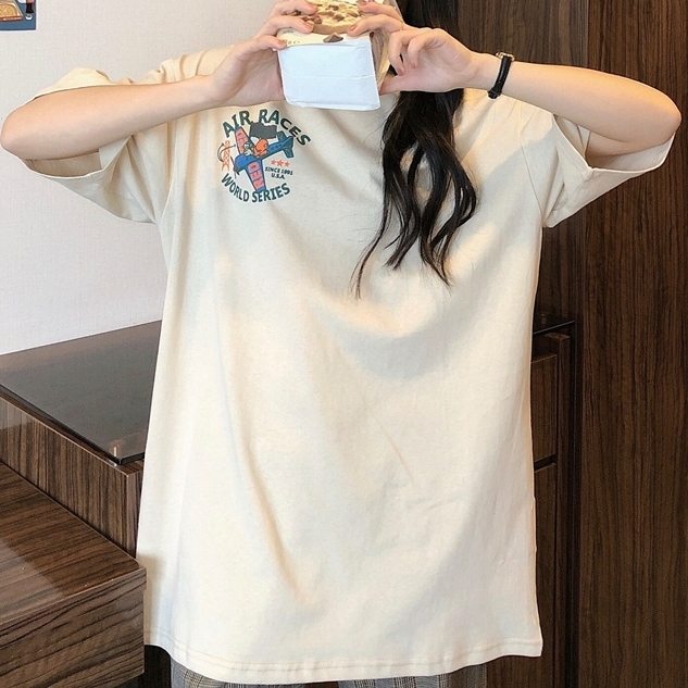 カートゥーンラウンドネックアルファベットプリント春夏プリントカジュアル韓国系ロングプルオーバーファッション半袖Tシャツ
