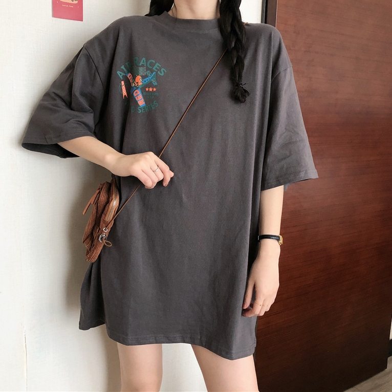 カートゥーンラウンドネックアルファベットプリント春夏プリントカジュアル韓国系ロングプルオーバーファッション半袖Tシャツ