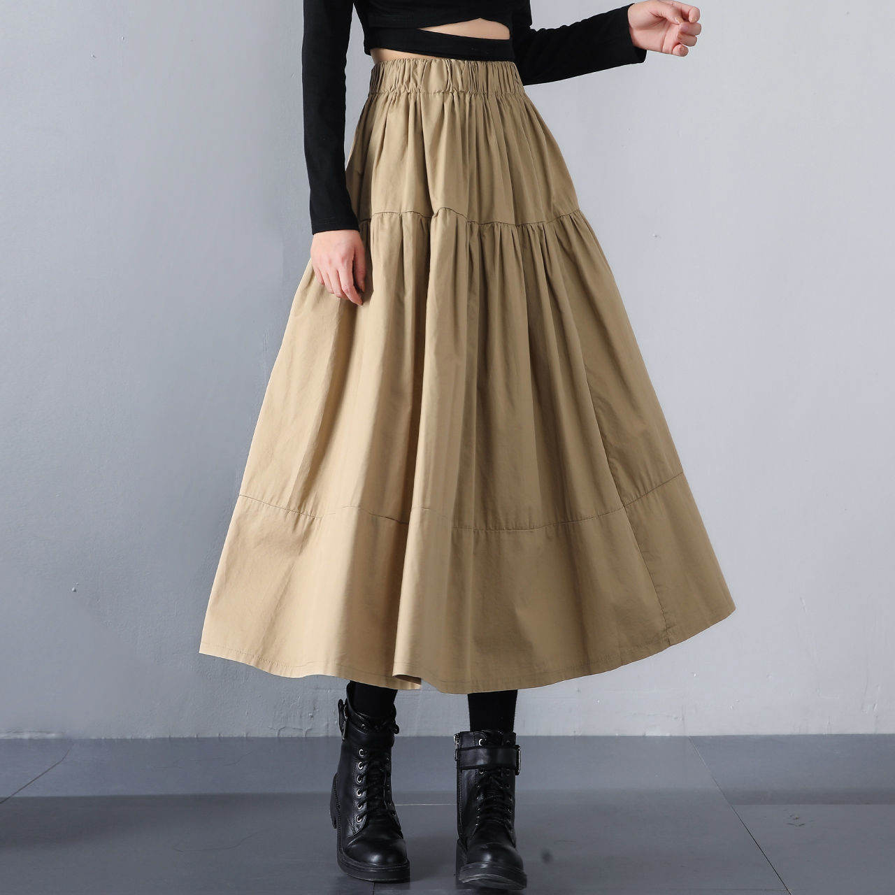 無地カジュアル定番ファッションハイウエスト春秋シンプルAラインギャザー飾りすね丈スカート