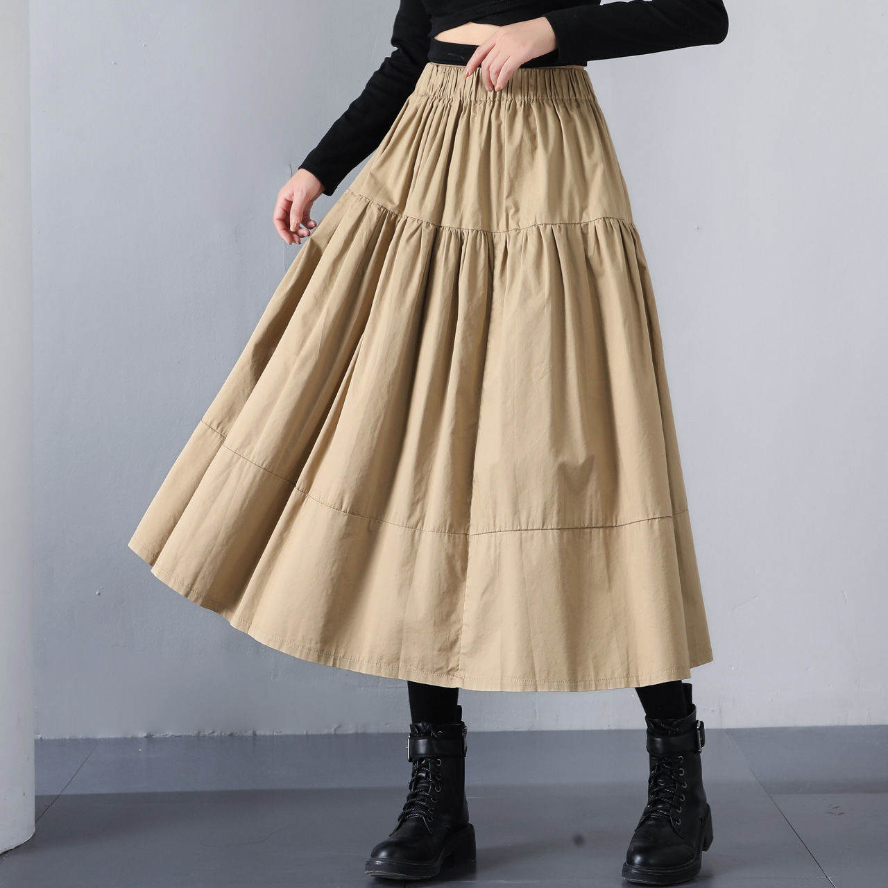 無地カジュアル定番ファッションハイウエスト春秋シンプルAラインギャザー飾りすね丈スカート